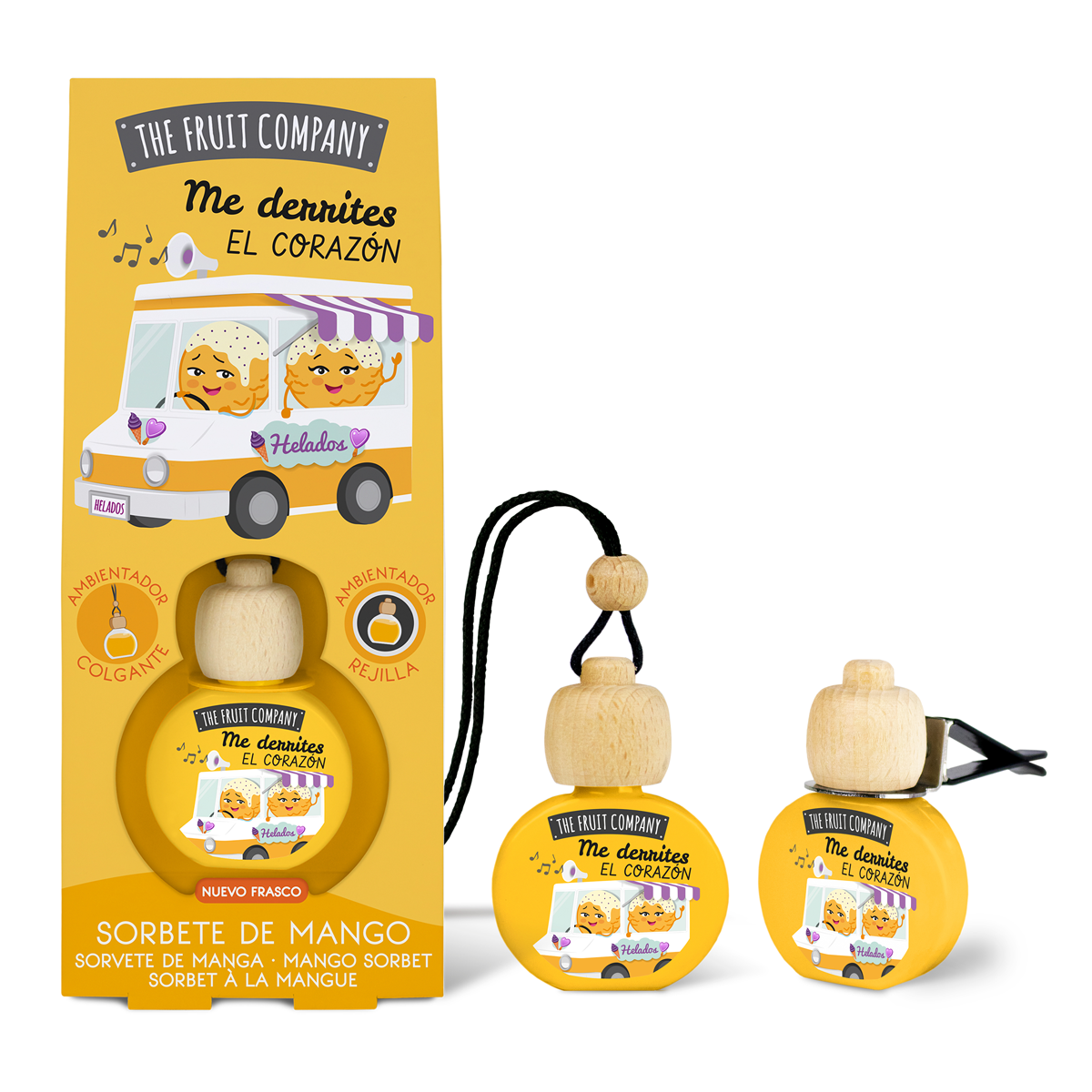 ambientador_coche_mango_thefruitcompany_nuevo_envase_2usos Carton de 14 (1,49€ Unité) 🚗 Désodorisant Voiture Suspendu & Clip Mangue - THE FRUIT COMPANY 🍓🥥 – Image 1