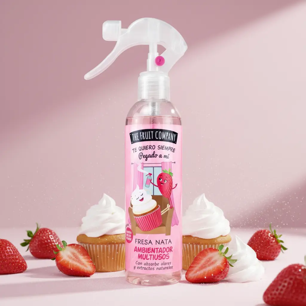 fournisseur-de-spray-the-fruit-company-pas-cher-1 Carton de 12 (1,49€ Unité) Désodorisant Spray Multi-usage Fraise Chantilly - THE FRUIT COMPANY – Image 1