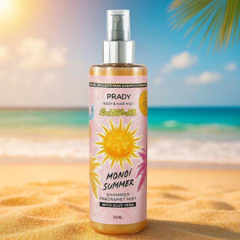 grossiste-brume-corps-et-cheveux-prady-monnoi-summer.webp Lot de 12 (soit 2,10€ pièce) : Brume parfumée et pailletée corps et cheveux "Monoi" - Prady – Image 1