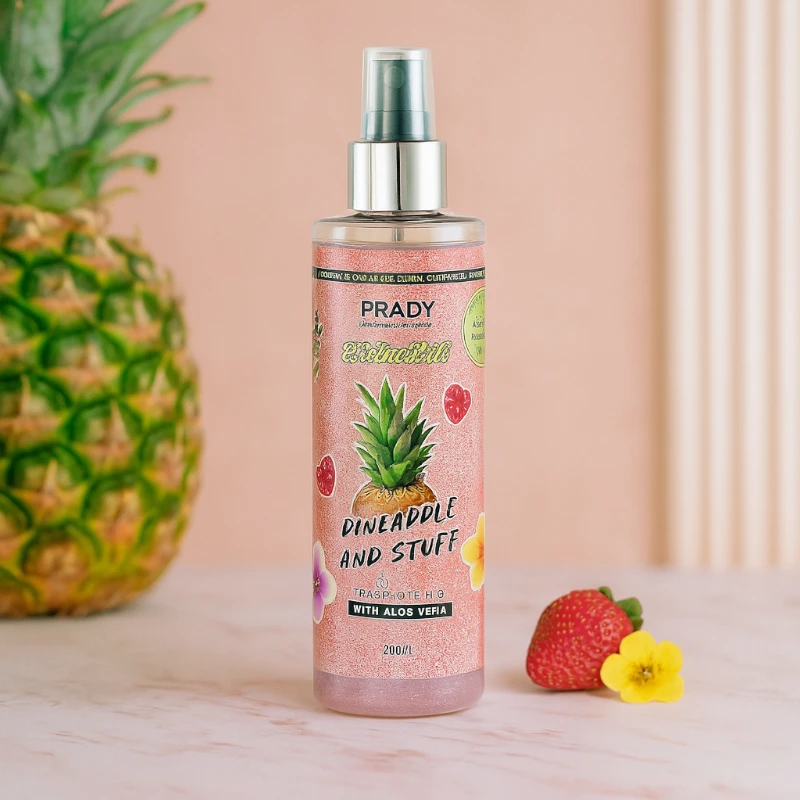 grossiste-brume-corps-et-cheveux-prady-pineapple-and-stuff.webp Lot de 12 (soit 2,10€ pièce) : Brume parfumée et pailletée corps et cheveux "Ananas" - Prady – Image 1