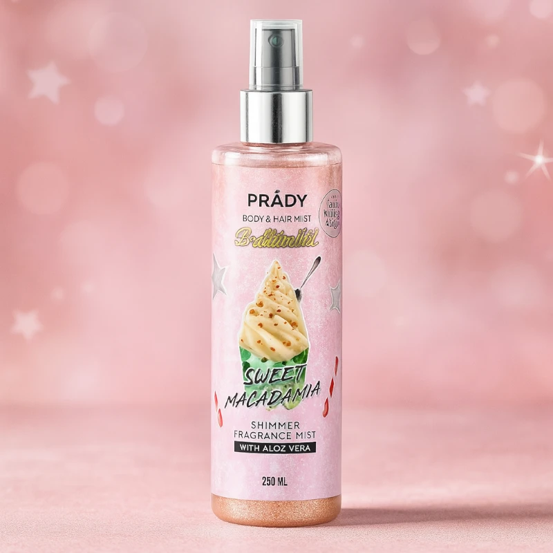 grossiste-brume-corps-et-cheveux-prady-sweet-macadamia.webp Lot de 12 (soit 2,10€ pièce) : Brume parfumée et pailletée corps et cheveux "Sweet Macadamia" - Prady – Image 1