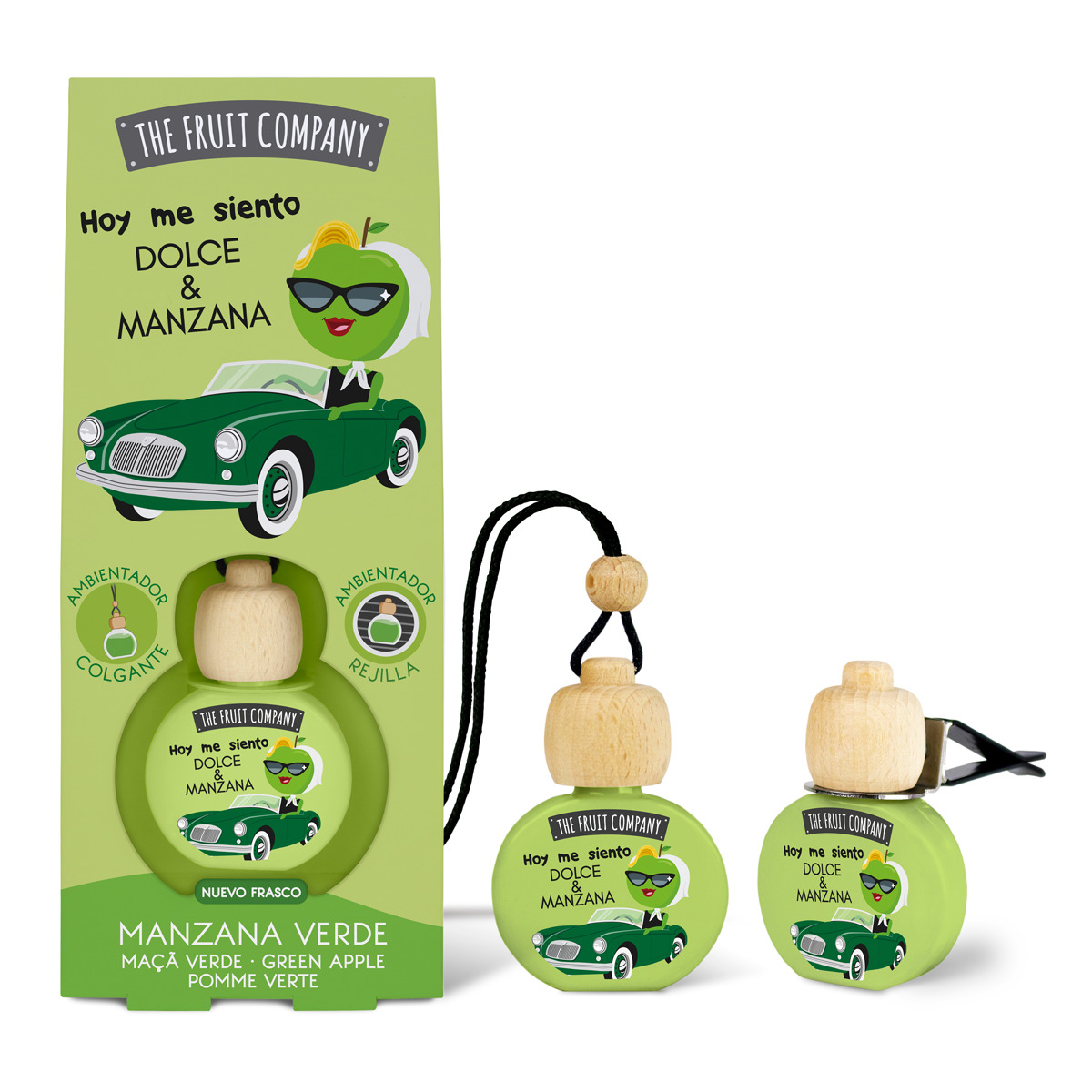 parfum-ambiance-voiture-the-fruit-company-pomme-verte-1.jpg Pack de 14 (soit 2,25€ pièce) : Parfum pour voiture 2 utilisations - Pomme verte – Image 1