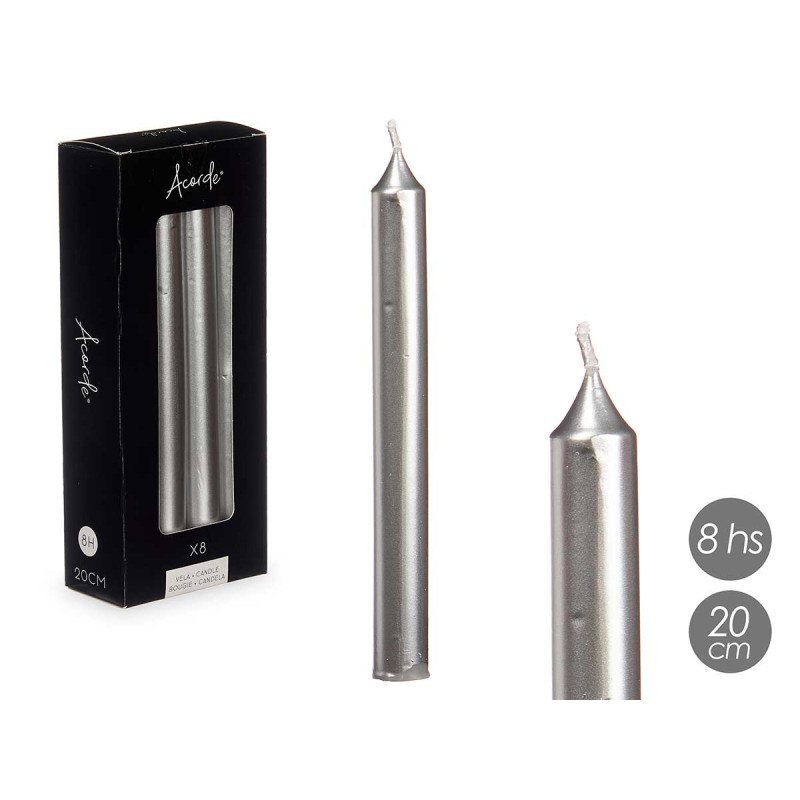 set-8-bougies-argent-20-cm-8-heures.jpg SET 8 BOUGIES ARGENT 20 CM 8 HEURES – Image 1
